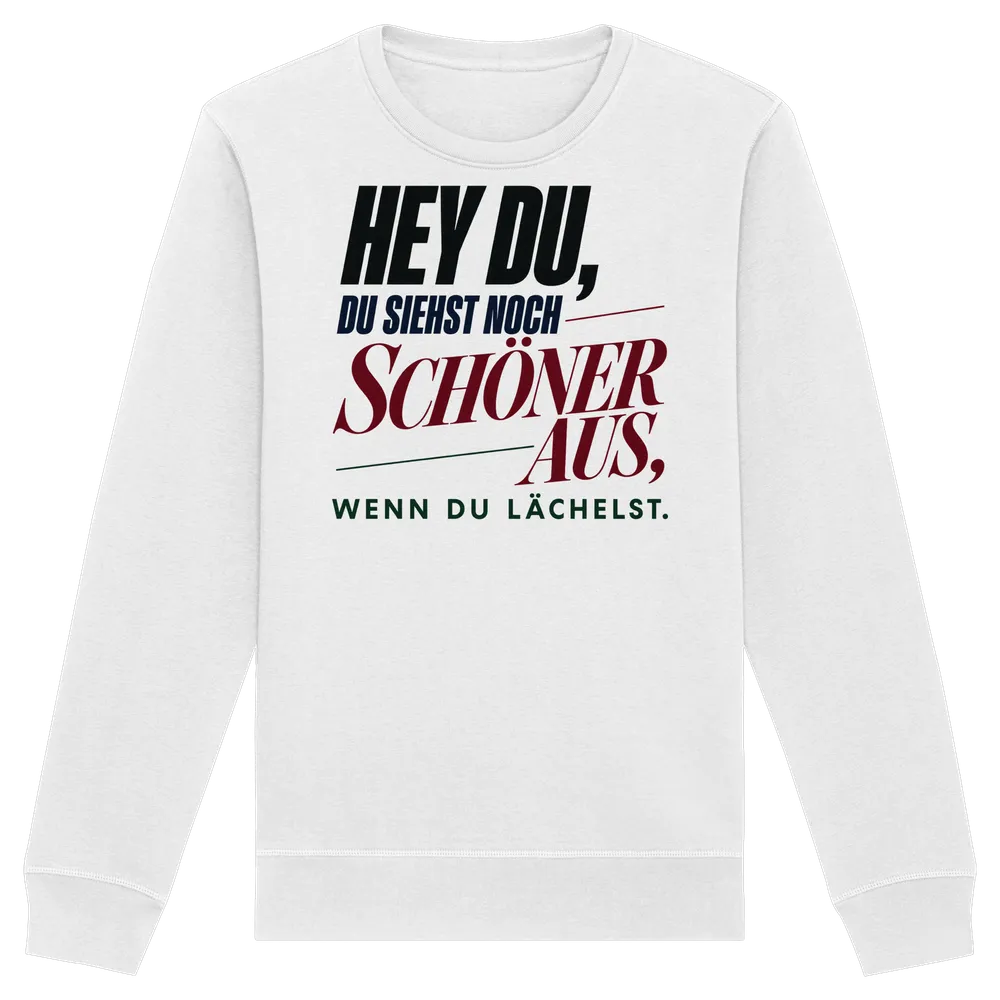 Hey du, du siehst noch schöner aus, wenn du lächelst — Organic Basic Unisex Sweatshirt in White von Personal Paramedic