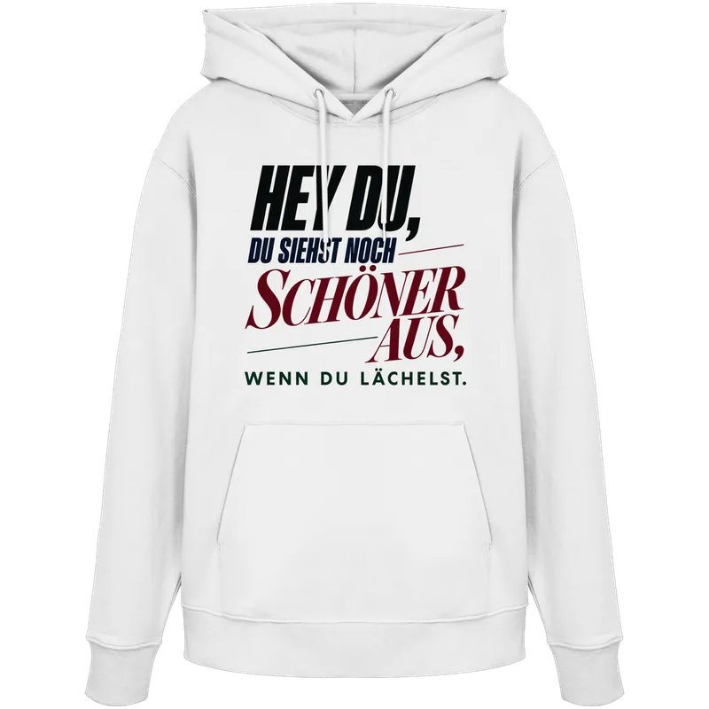 Hey du, du siehst noch schöner aus, wenn du lächelst — Organic Hoodie in White von Personal Paramedic